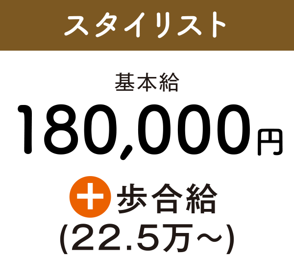 スタイリスト基本給180,000円+歩合給(22.5万～)